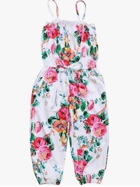 🌸Size 6/7 Darling Floral White & Pink Jumpsuit!